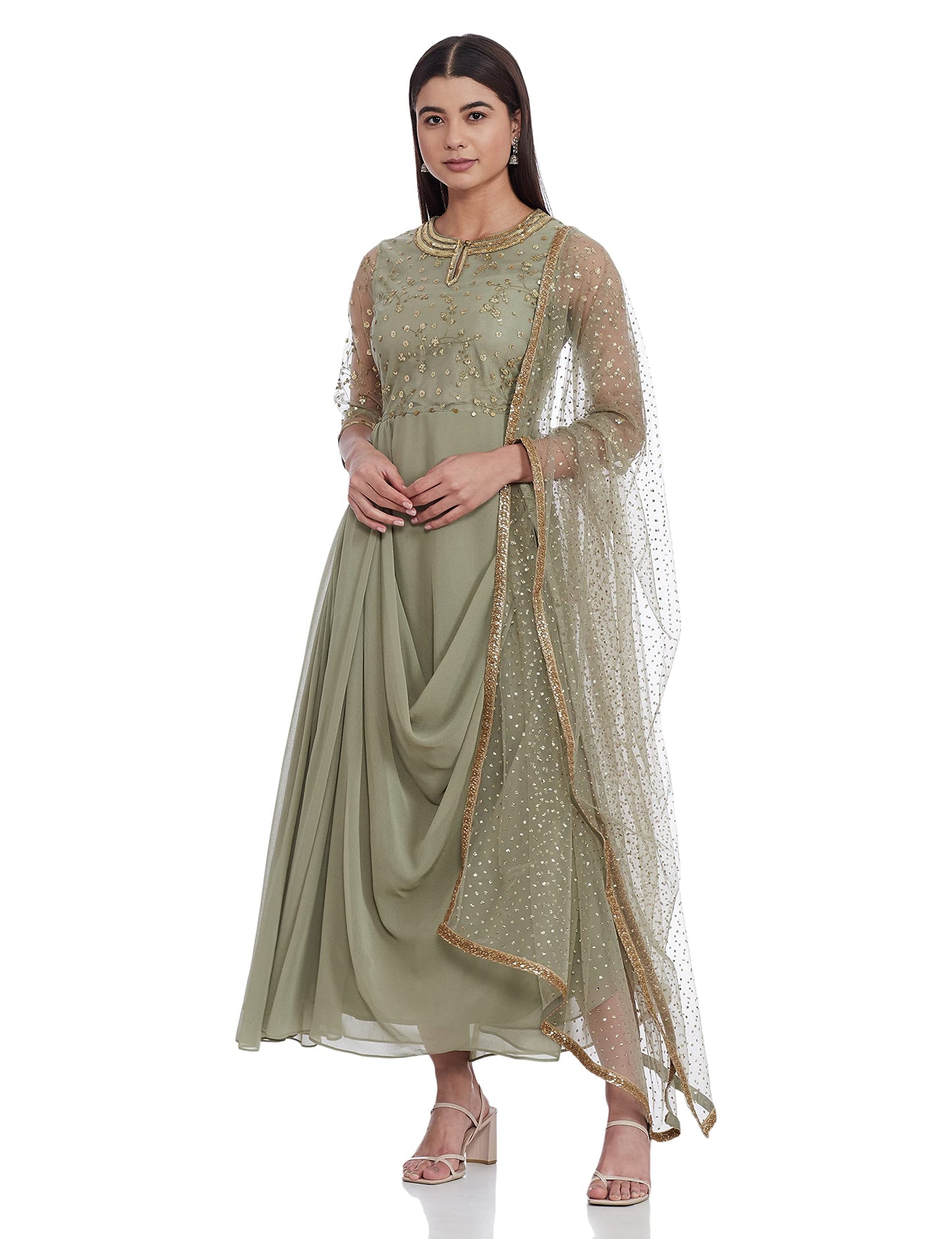 W for Woman Women's Synthetic Salwar Suit Set (19AUSP10429-400008_Green_8 (Small))