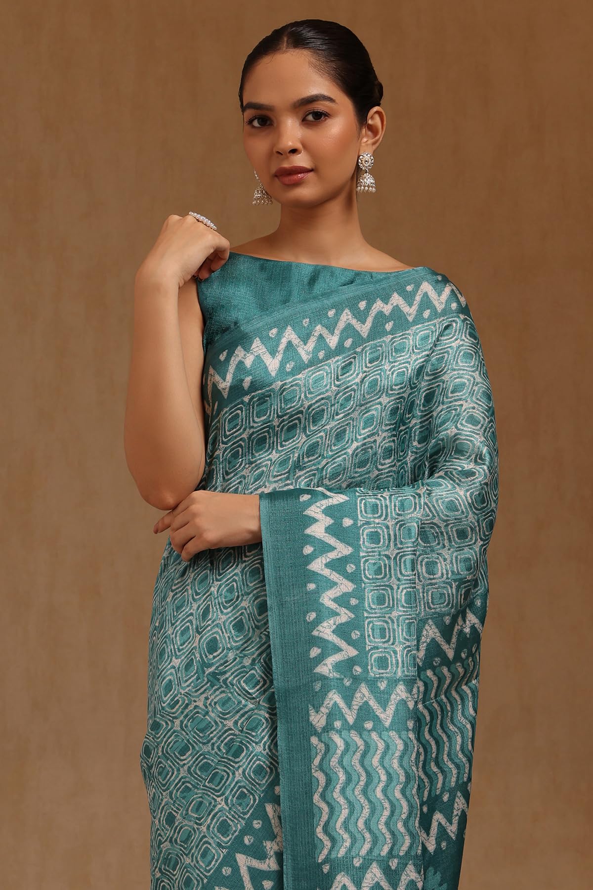 Soch Womens Turquoise Blue Art Silk Geometric Print Saree