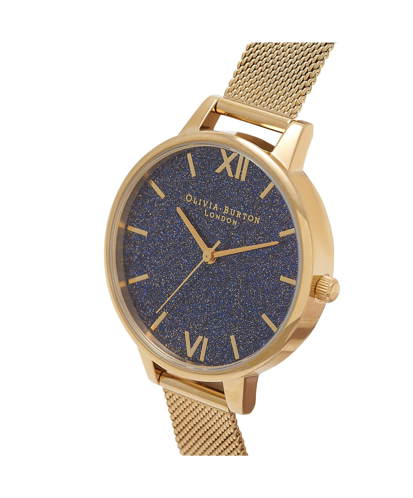 Olivia burton Glitter Dial Qtz Basic Blue Round Dial Women's Watch|Ionic Plated Gold Steel Material|Gold Color Band - OB16GD75