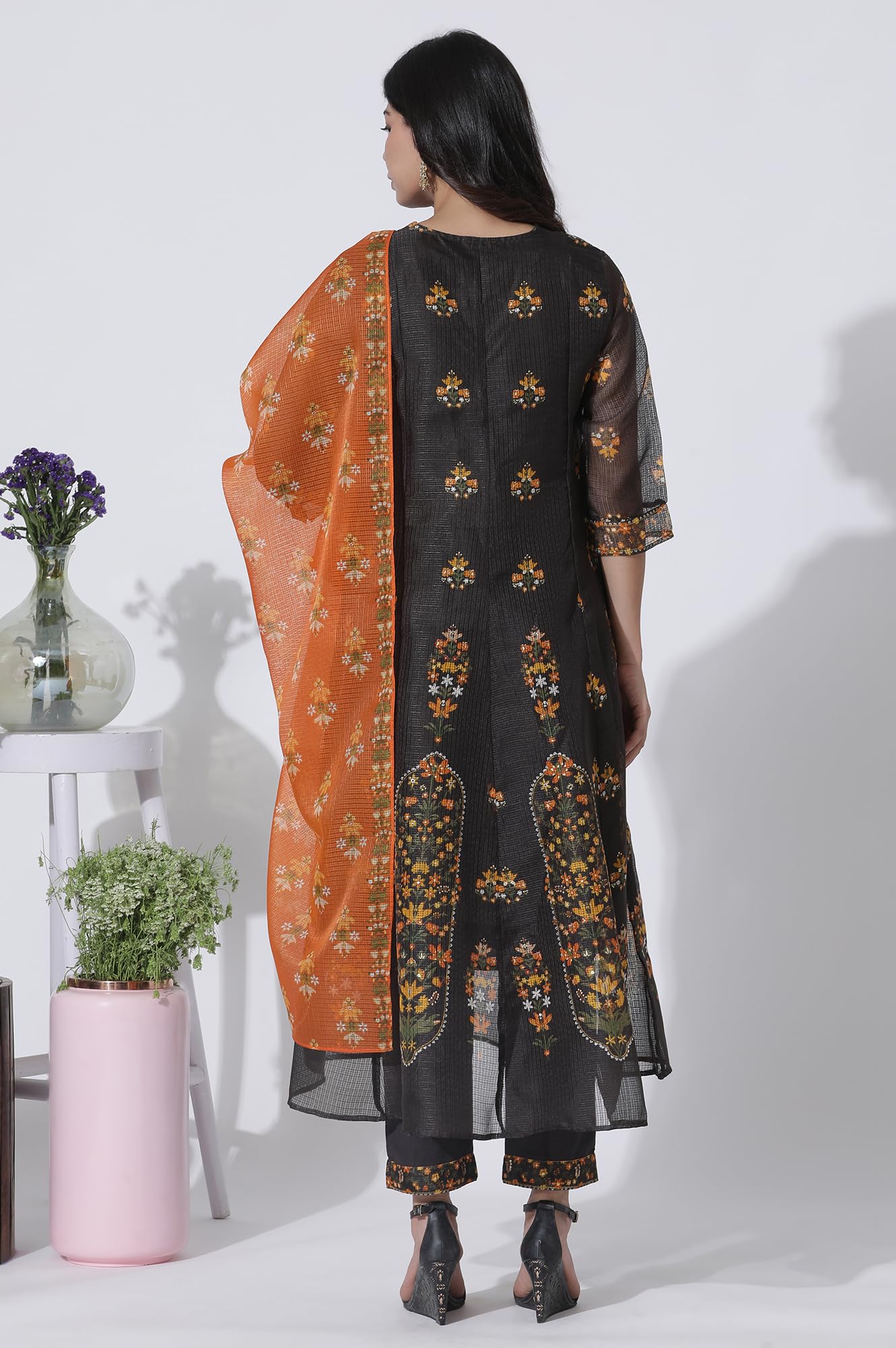 W for Woman Black Floral Printed Flared Kota Kurta, Pants and Dupatta Set_24AUWS11403-123385_XS