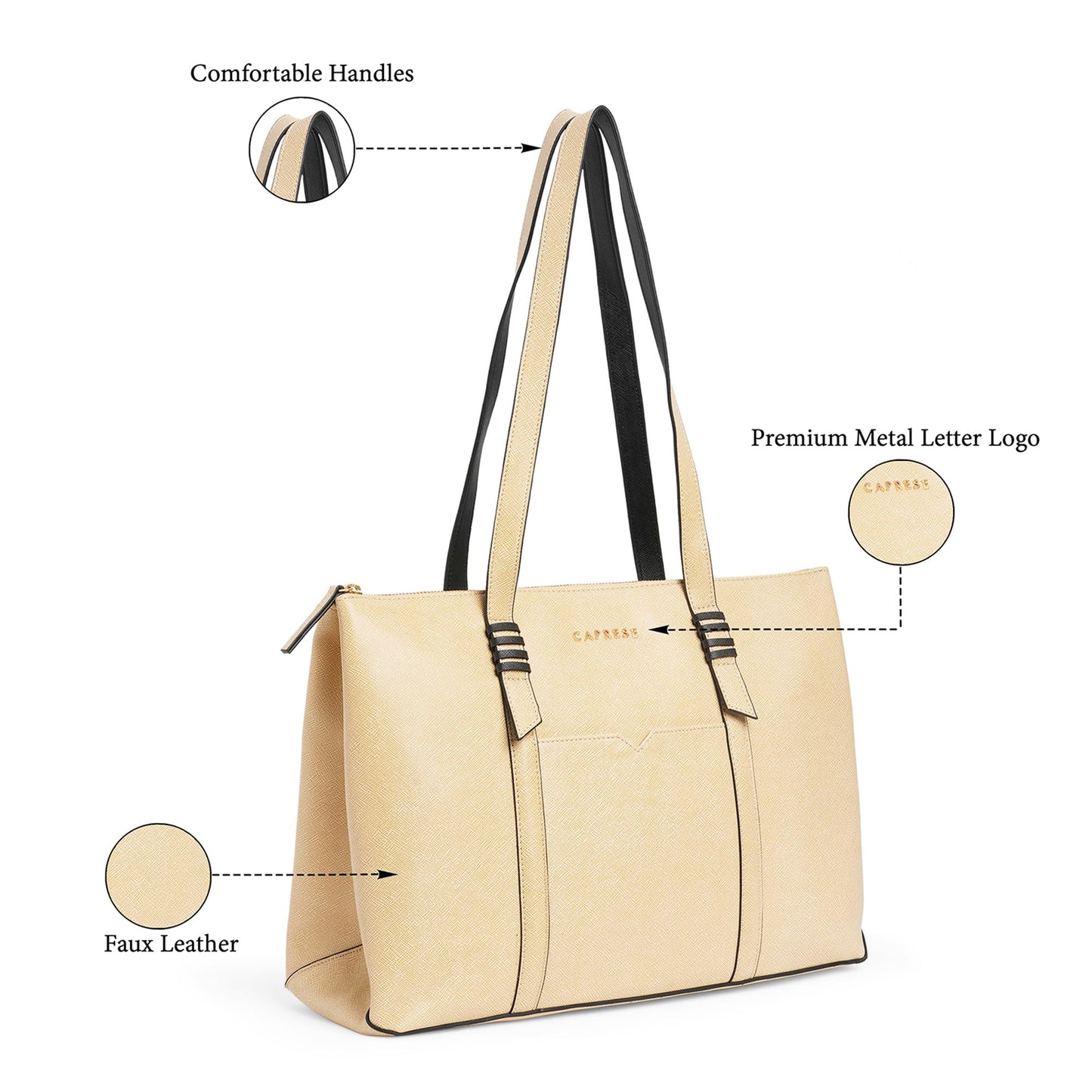 Caprese Roma Tote Medium Beige Bag for Women|Stylish, Durable, Multi-Compartment Design for Work, Travel, Shopping |Comfortable Straps Shoulder Bag, Ideal for Laptop & Essentials
