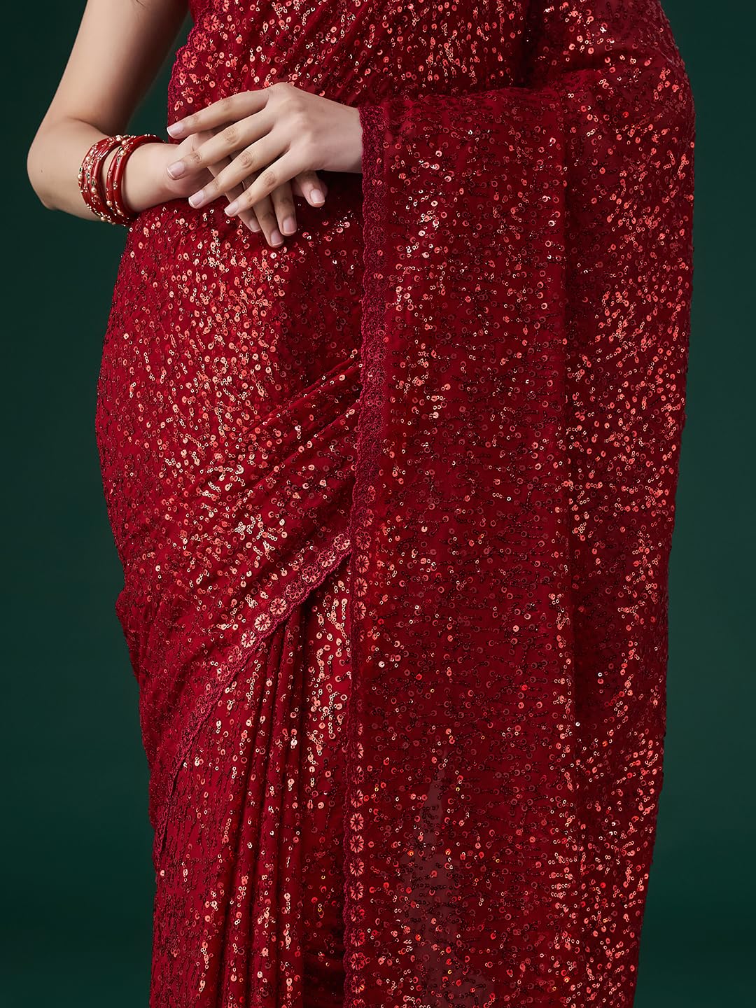 Kasee Women Embellished Sequinned Saree with Blouse Piece (Cherry)