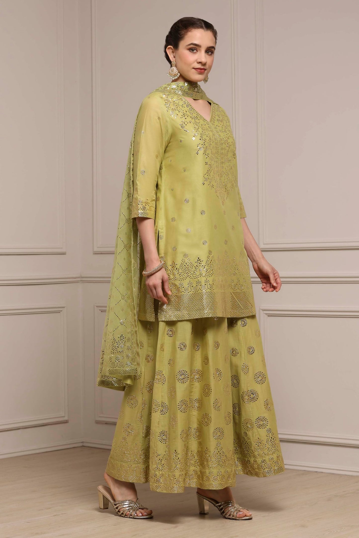 Biba Women Green Cotton Printed Sharara Suit Set_32