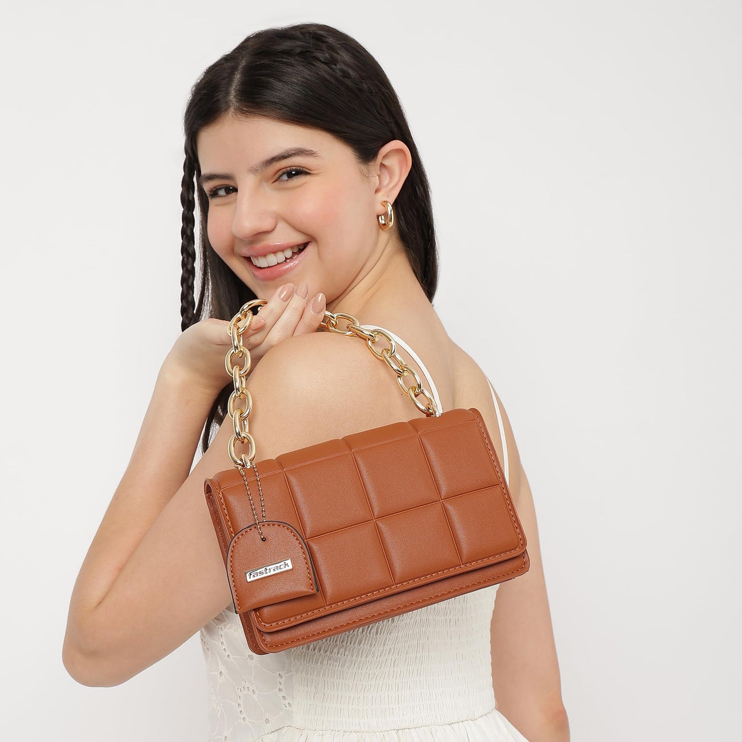 Fastrack Quilted Pattern Sling Bag For Women | Faux Leather Sling With Metal Chain Handle and Adjustable Belt | Flap Closure With Magnetic Lock and Trendy Charm | Trendy Women's Handbags