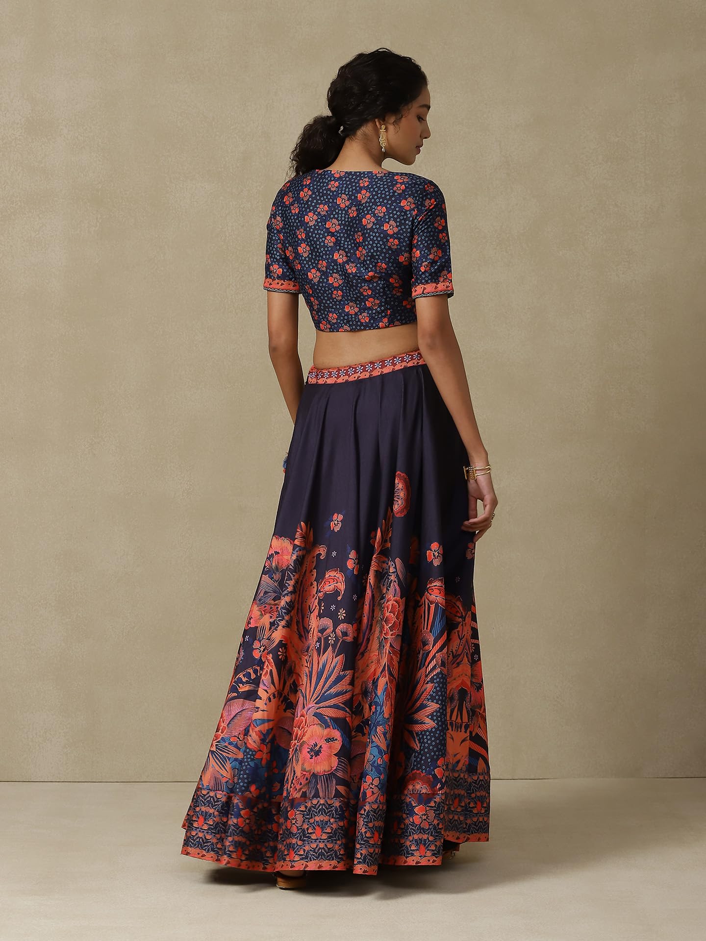 Aarke Ritu Kumar Navy FLoral Printed Lehenga With Blouse And Dupatta