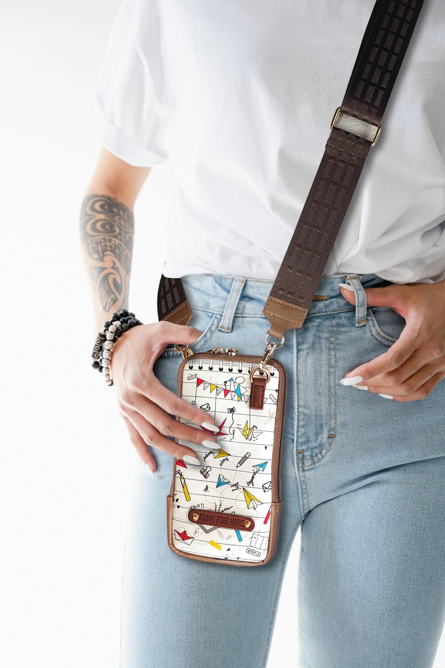Funk For Hire Womens Leatherette Origami Printed Mobile Holder Sling Bag - White And Brown