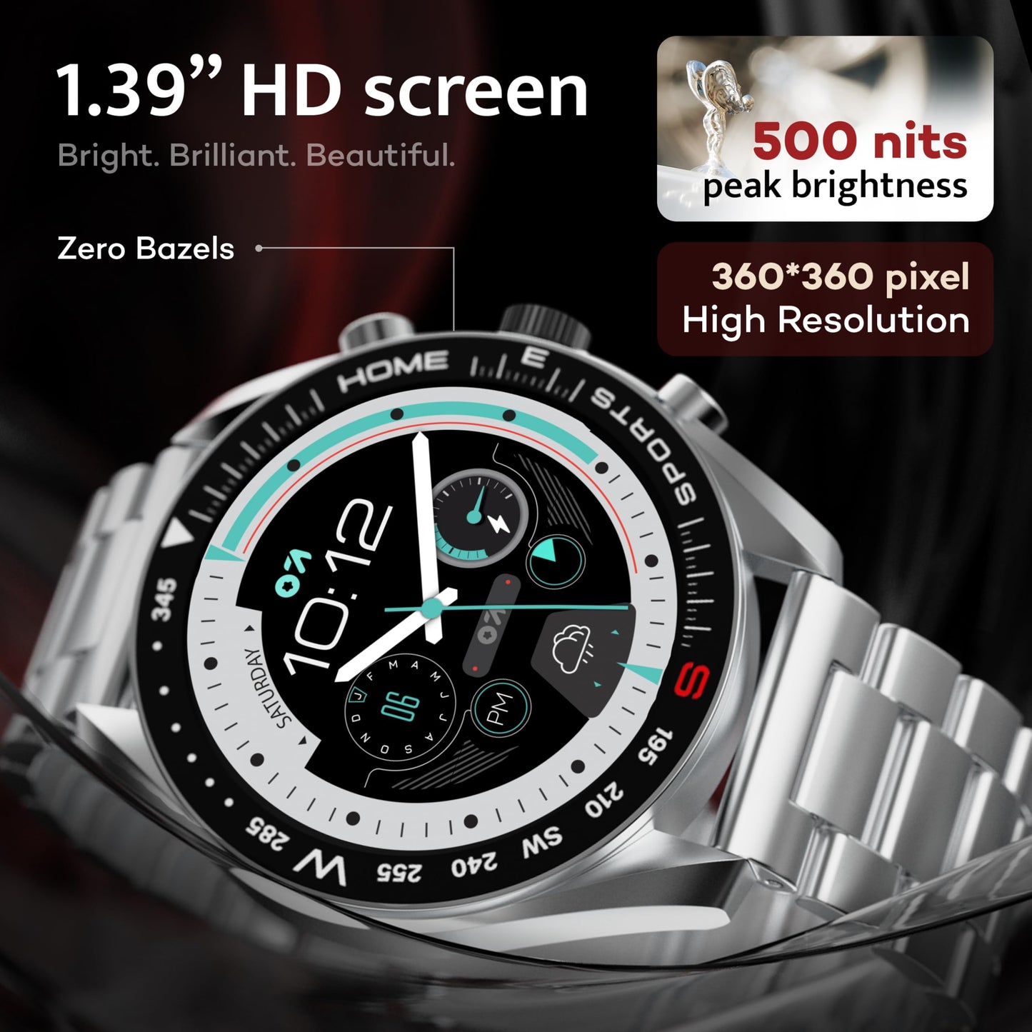 GOBOULT Mirage Smart Watch 1.39''HD Screen, Bluetooth Calling, IP67, Zinc Alloy Frame, 500 Nits Brightness, AI Voice Assistant, SpO2 Monitoring, 120+ Sports Mode (Inox Steel)