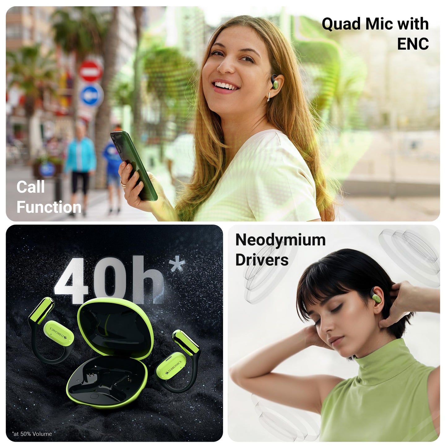 ZEBRONICS PODS O, Wireless Open-Ear Earbuds, OWS, 40 Hrs Backup, Neodymium Drivers, Ultra Comfort Fit, Quad MIC ENC, Rapid Charging, Bluetooth, Dual Pairing, Flash Connect, Low Latency Gaming (Green)