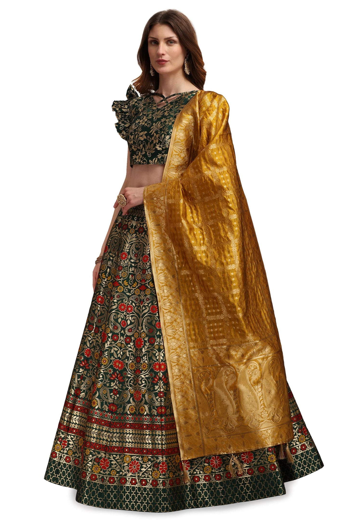 PURVAJA Women's Jacquard Semi-Stitched Lehenga choli (Malika-D-Green_Green_Free Size)