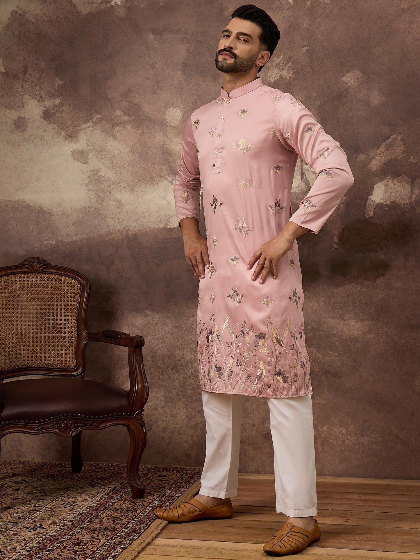 Ethnic Bay Men's Peach Silk Blend Solid Embroidered Calf Length Kurta's | Embroidered Kurta for Men | Straight Fit Kurtas for Mens (MKU1339, XL)