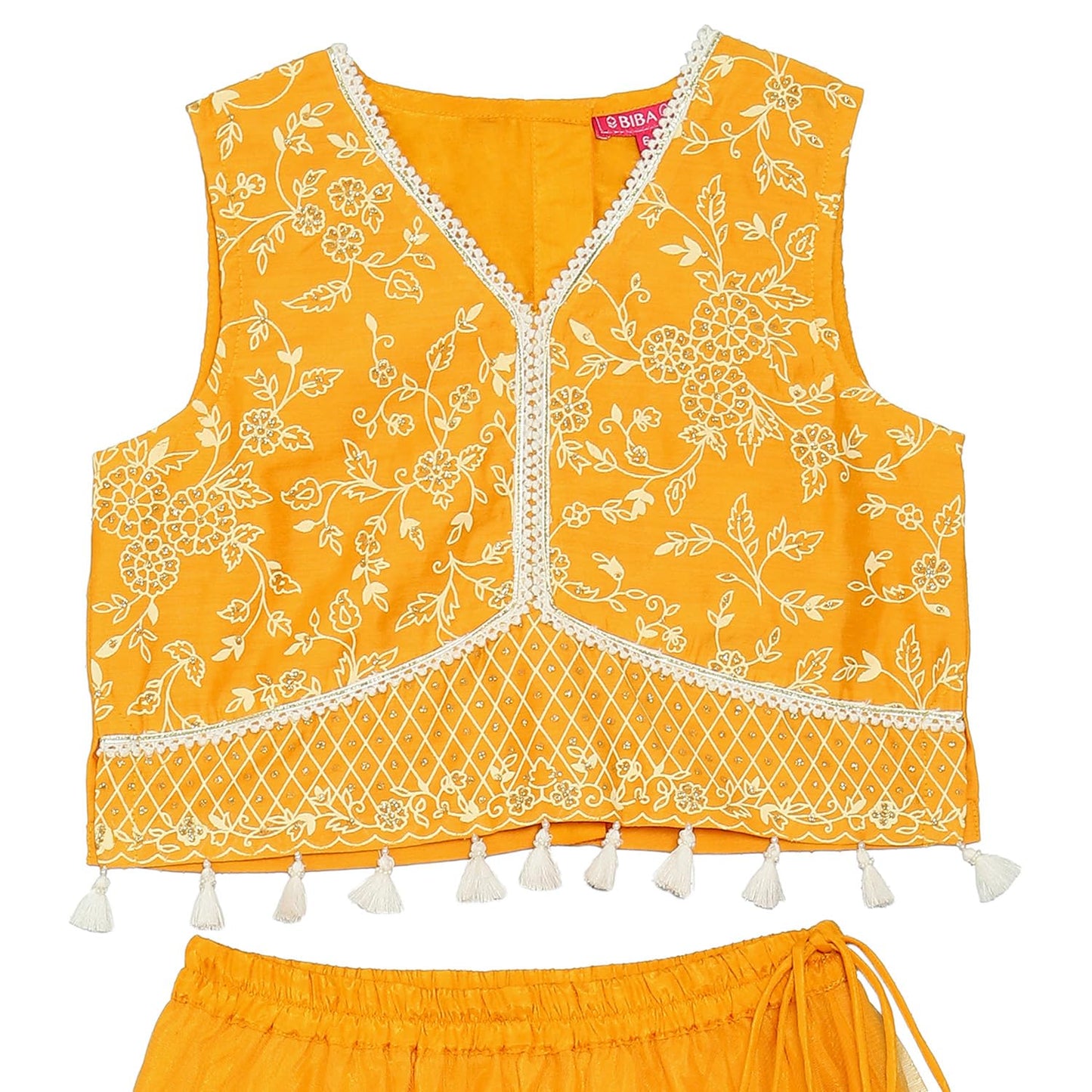 BIBA Girl's Solid Straight Polyester Readymade Lehenga Choli Set (Kwwhite Blooms5966_Yellow_9)