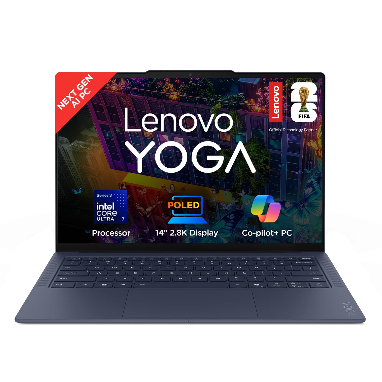 Lenovo Yoga Slim 7 FIFA World Cup 26 Edition Intel Evo Core Ultra 7 355 (32GB RAM/1TB SSD/14 (35.5cm)/2.8K WQXGA+ POLED/Copilot+ PC/Windows 11/MSO 365 Basic+Office24/Cosmic Blue/975g), 83QK007HIN