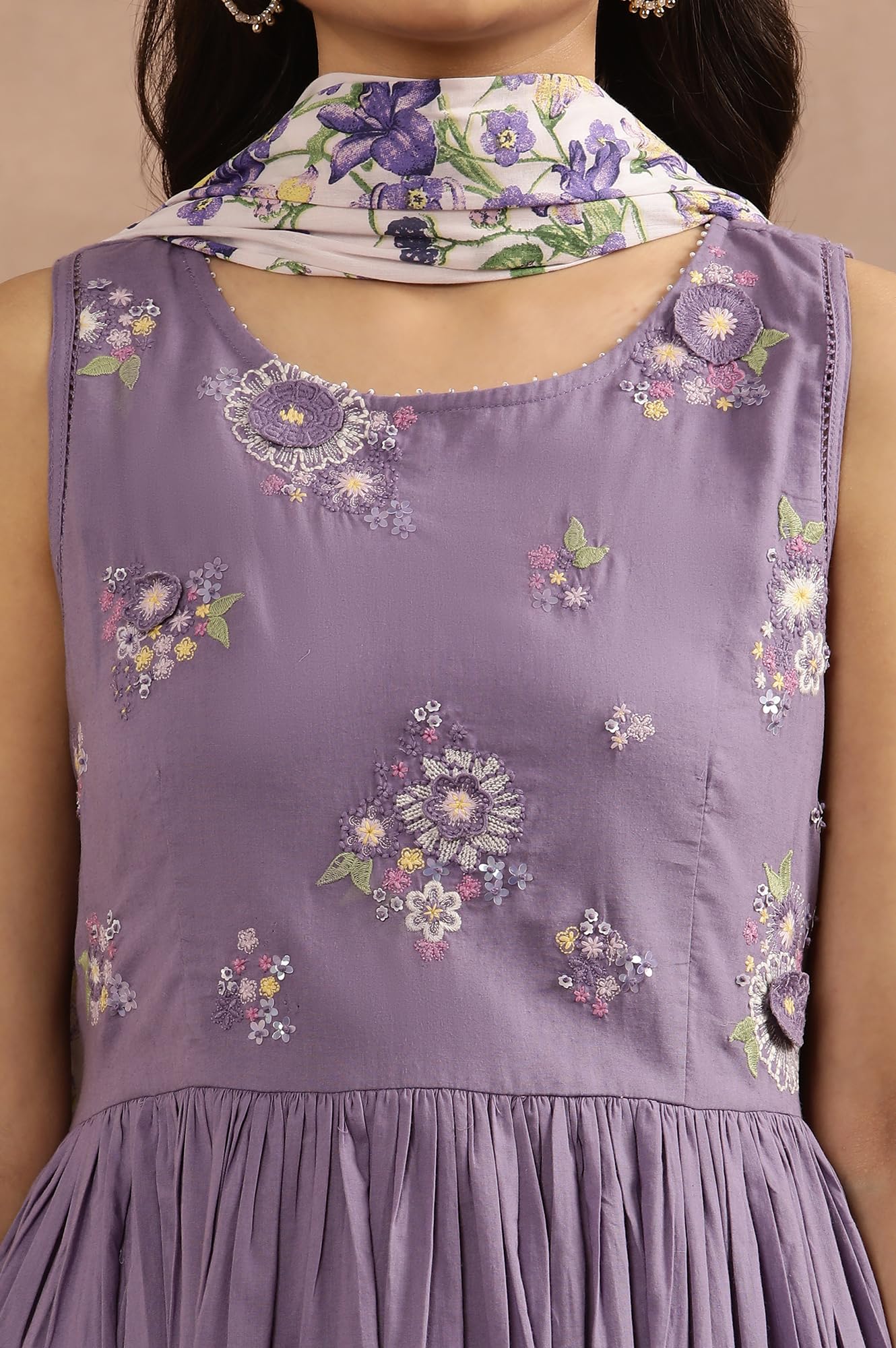 W for Woman Purple Embroidered A-line Kurta, Pants and Printed Dupatta Set (Size: 3XL)-24FEWS11008-221864