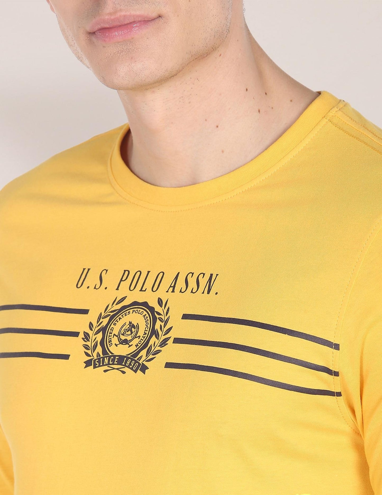 U.S. POLO ASSN. Men's Crew Neck Long Sleeve Brand Print Cotton T-Shirt (USTSHS1382_Yellow_L)