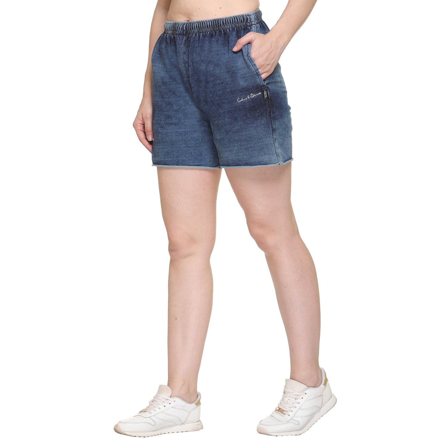 Colors & Blends - Women's Indigo Lycra - Knitted Denim Shorts (SG-01 : Size - S)