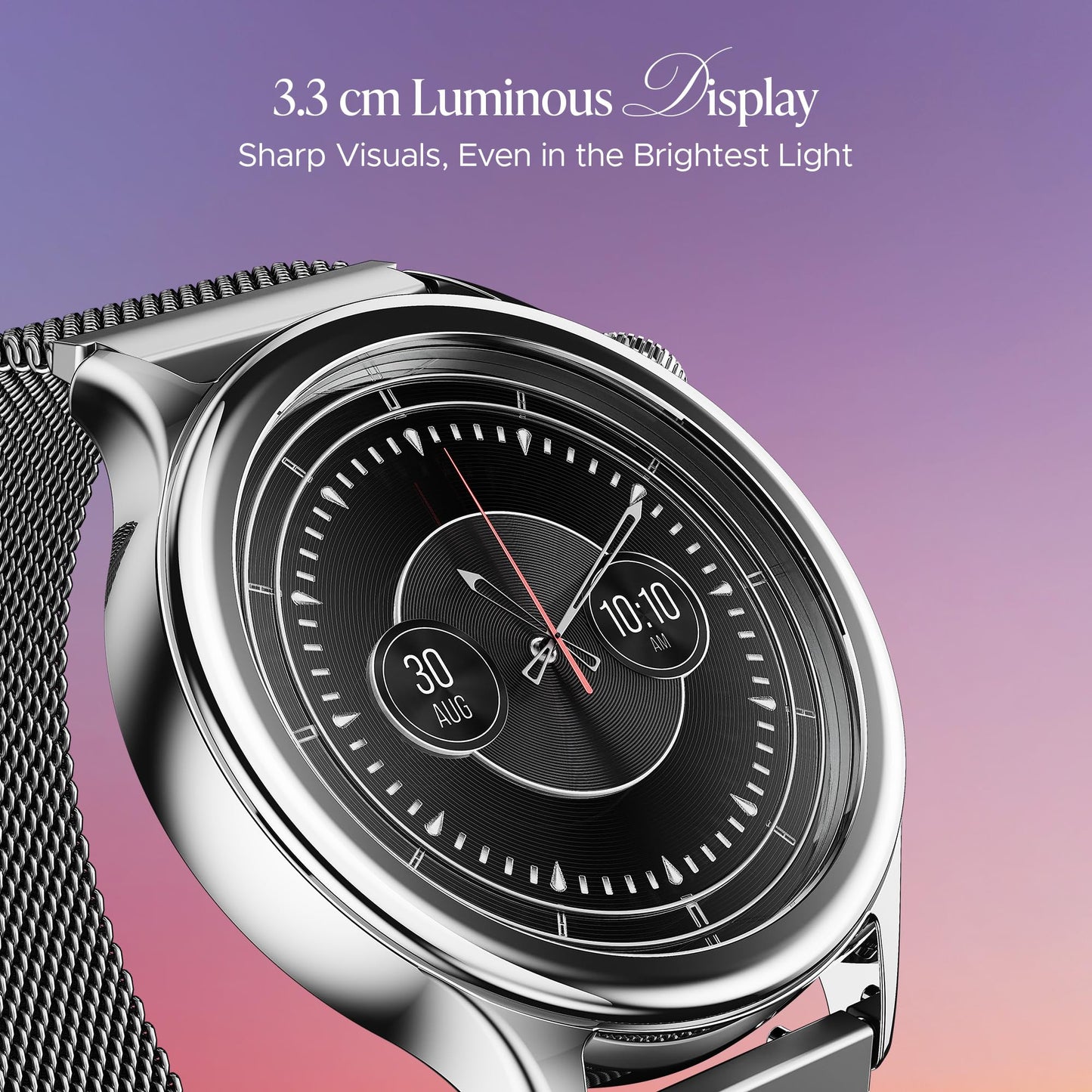 Boat Enigma Daze Women's Luxury Smart Watch w/ 1.3”(3.3cm) AuraVue Display w/ 20% Higher Brightness, Emergency SOS, Female Wellness Tracking, BT Calling, smart Watch for Women Latest (Elegant Silver)