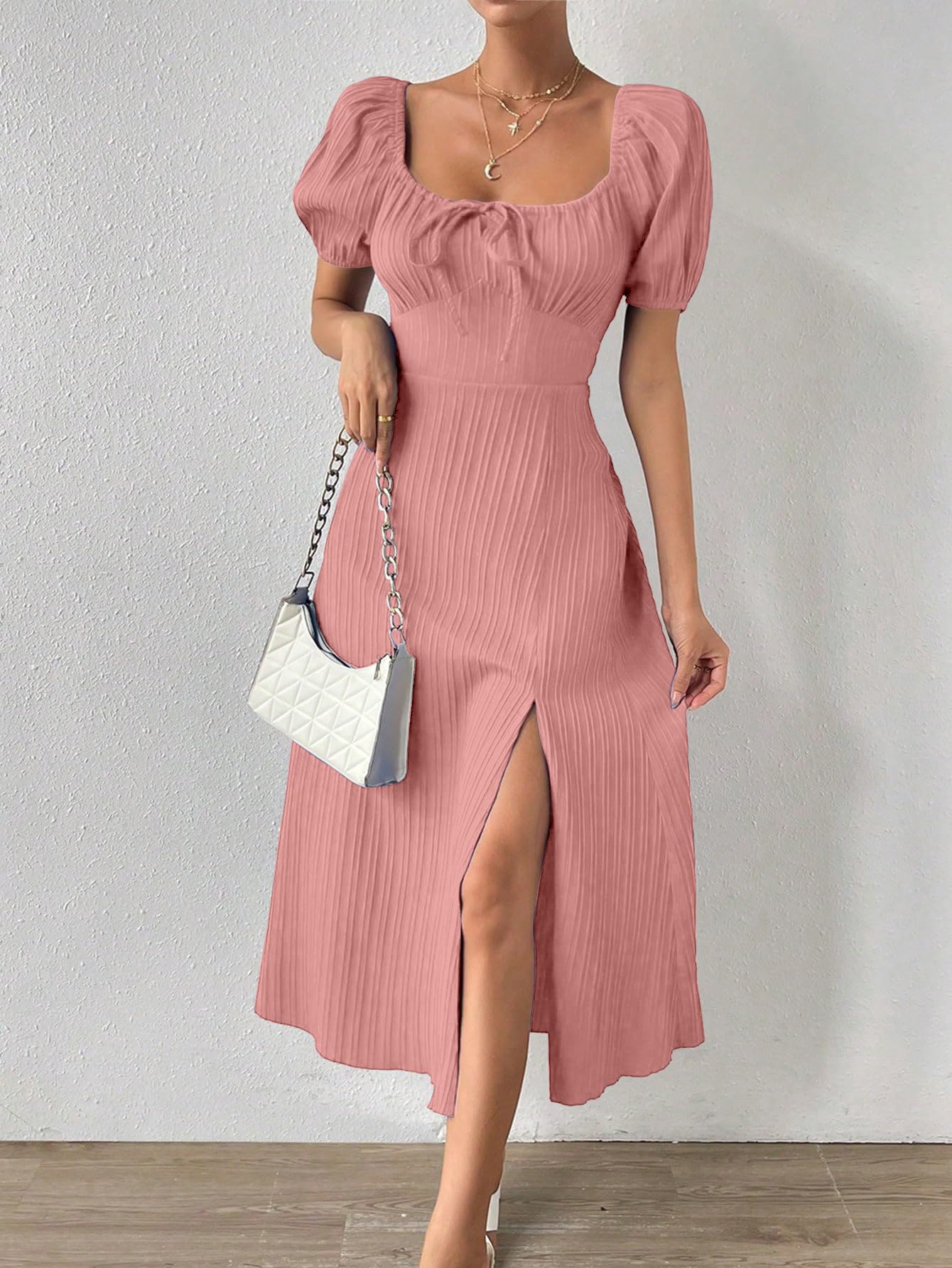 Shasmi Women's & Girl's Peach Tie Front Split Thigh Milkmaid Maxi Dress – Square Neck Puff Sleeve A-Line Long Dress, Elegant Casual & Parties Wear for Ledies (Dress 245 Peach-XL)