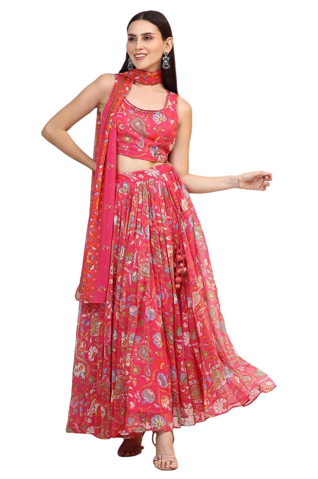 W for Woman Pink Floral Printed Embellished Chiffon Sleeveless Crop Top, Skirt and Dupatta Set (Size: L)-WS12117-124246