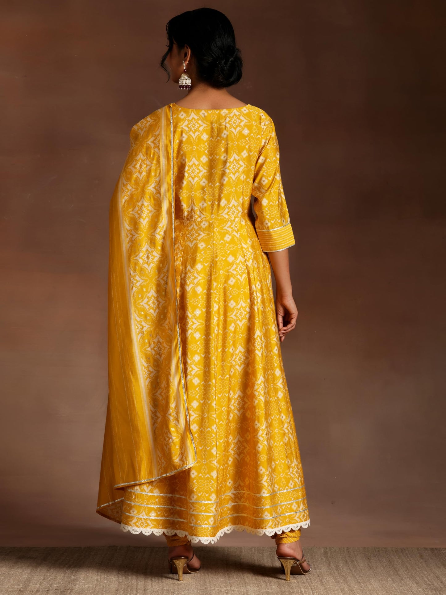 Libas Mustard Printed Silk Blend Anarkali Kurta With Churidar & Dupatta