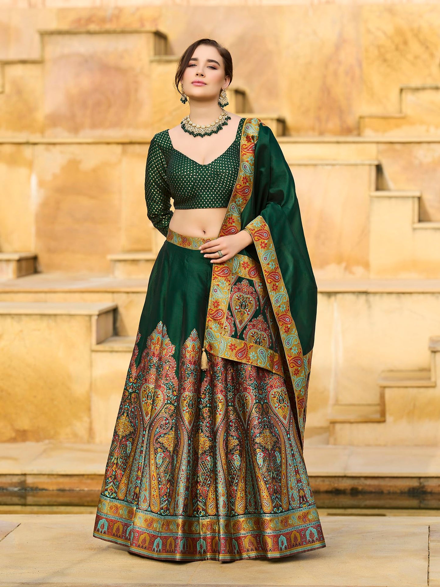 PURVAJA Women's Jacquard Semi-Stitched Lehenga choli (Nisva-D-Green_Free Size)