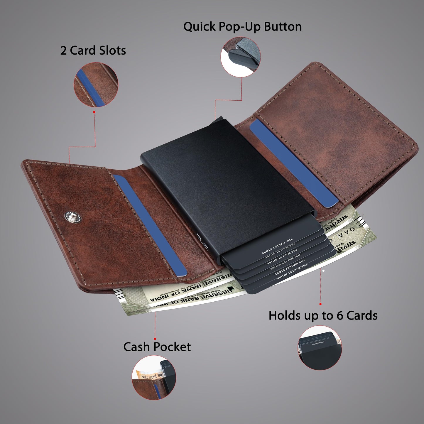 The Wallet Store Maverick RFID Protected Vegan Leather Wallet Cardholder | Pop-up Cardholder | Scan Proof Wallets for Men | Aluminium Case | Up to 8 Cards | Credit & Debit Cardholder (Brown)