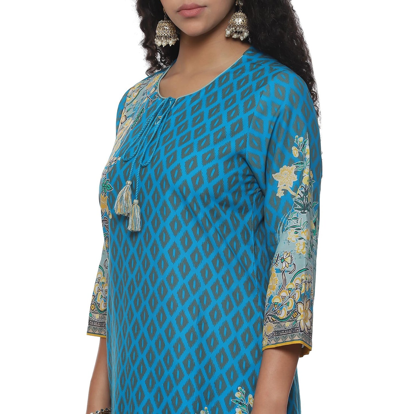 BIBA Cotton Women Printed Straight Salwar Kurta Dupatta(Skdassorted7483E_Turquoise_34)