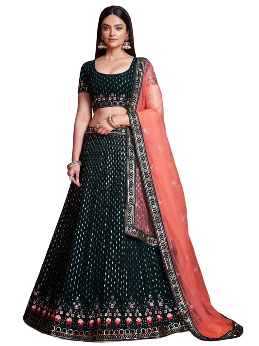 Zeel Clothing Women Sequins Thread Embroidered Georgette Semi-Stitched Lehenga Choli With Dupatta (6021-Green-Wedding-Stylish-Latest; Free Size)