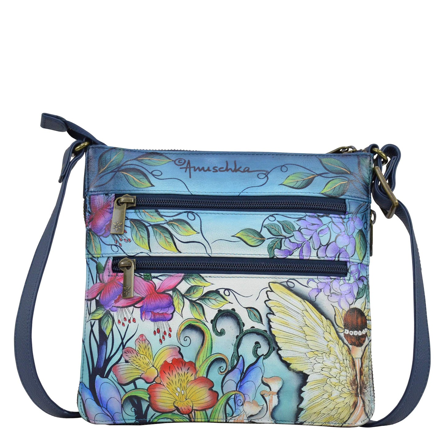 Anuschka Women’s Hand Painted Genuine Leather Expandable Travel Crossbody - Enchanted Garden