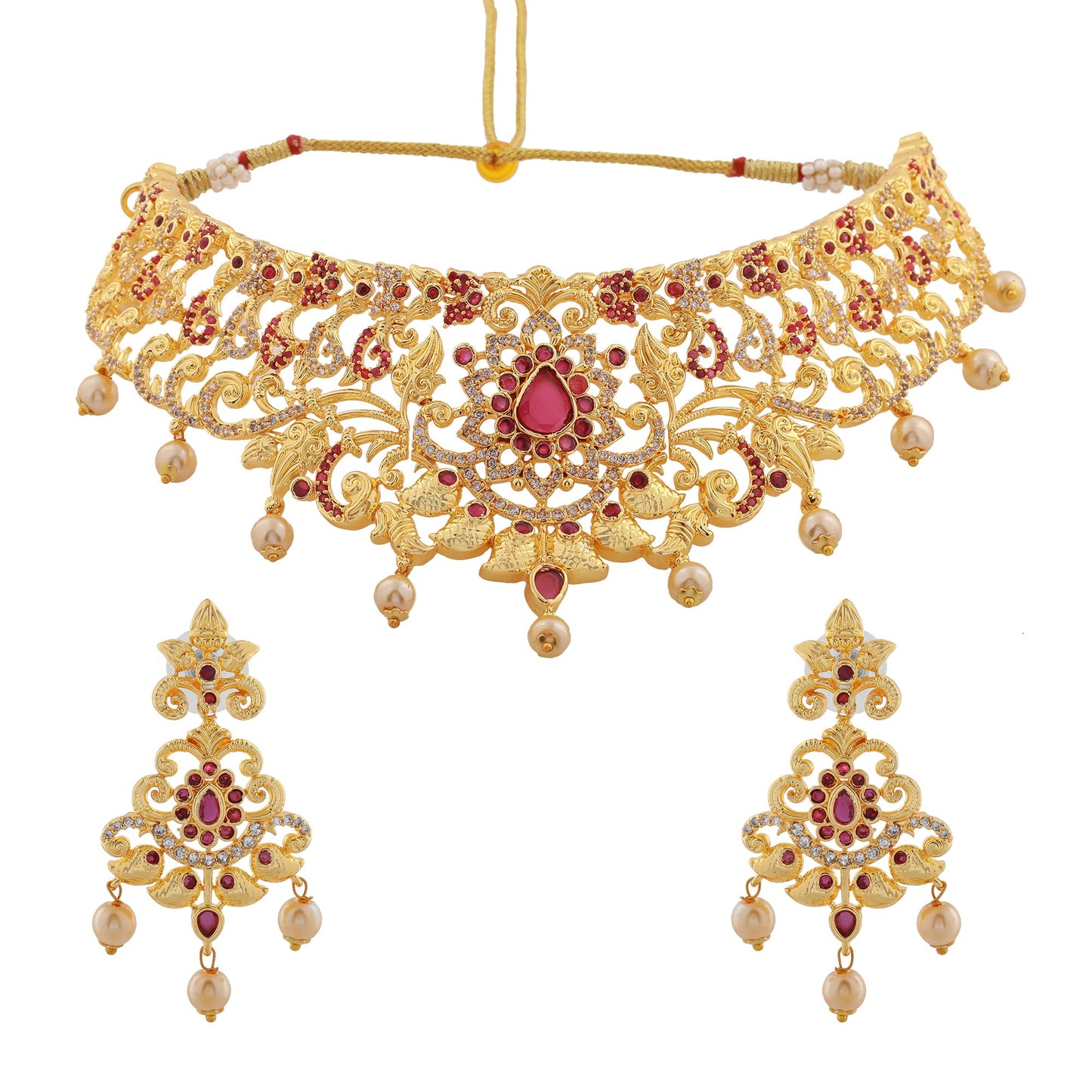 Estele Gold Plated CZ Magnificent Bridal Choker Necklace Set With Pearls for Women