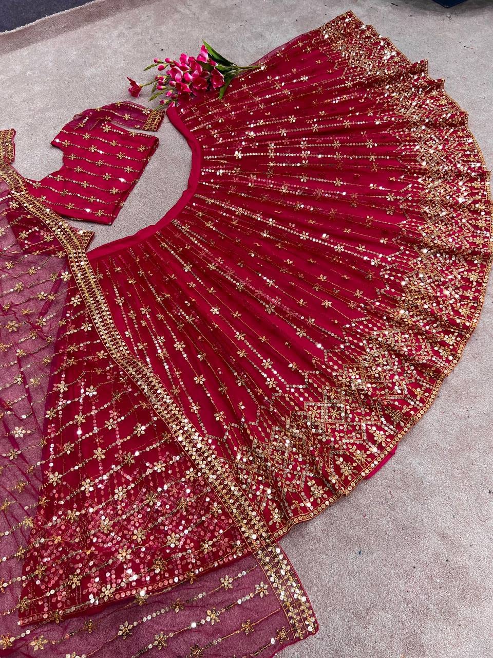 Fashion Basket Net Sequence Pink Lehenga choli For womens(FB-LH-L8265_Pink_Free Size)