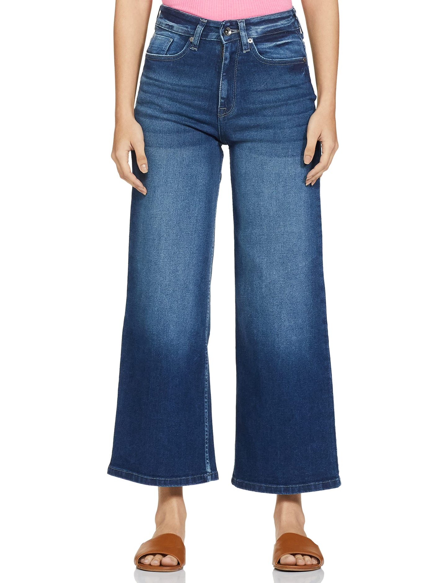 Pepe Jeans Women's High Rise Wide Leg Fit Jeans Dark Used,Blue