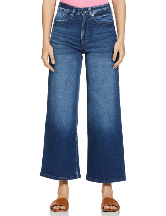 Pepe Jeans Women's High Rise Wide Leg Fit Jeans Dark Used,Blue