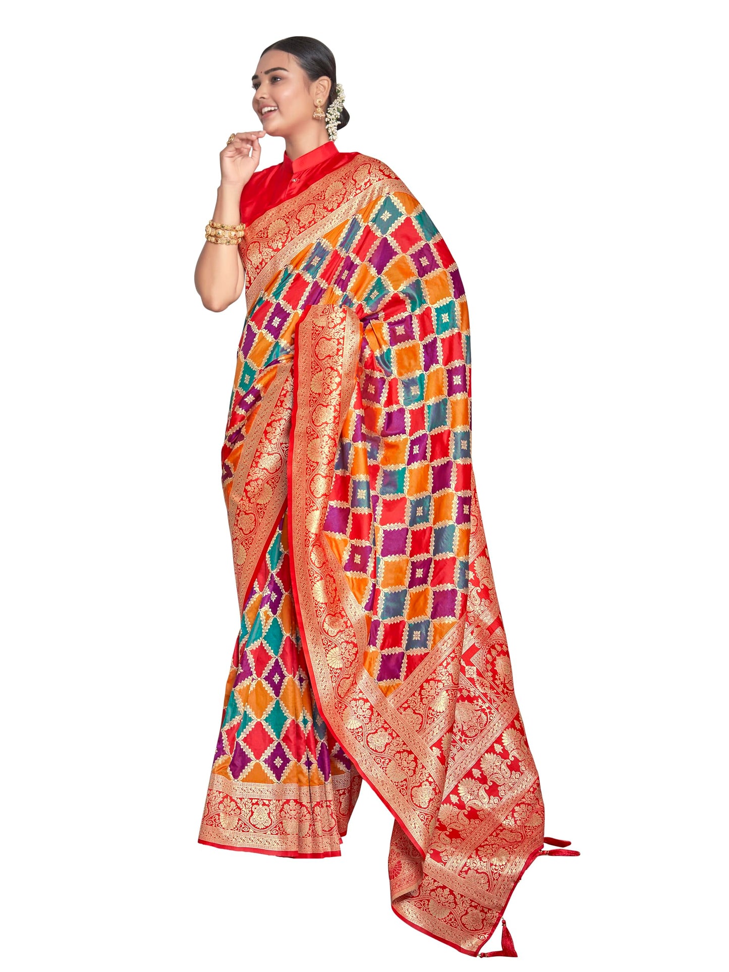 MANOHARI Women's Most Trendy Banarasi Woven Yellow with Multicolor Saree With Heavy Jacquard Work Saree With Blouse Piece