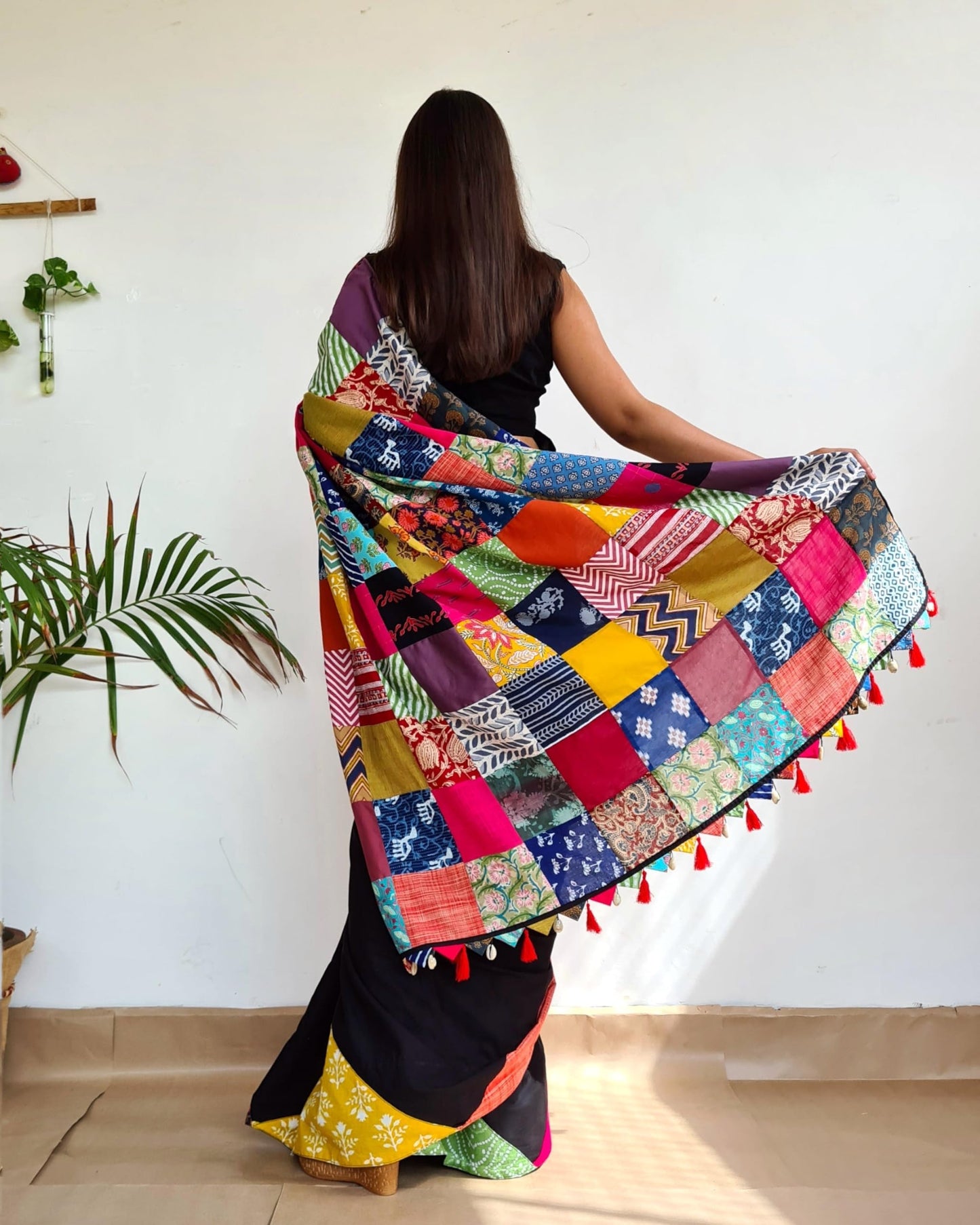 Save As Womens Saree Black - Unique 100% Cotton Reclaimed Fabric Saree Without Blouse