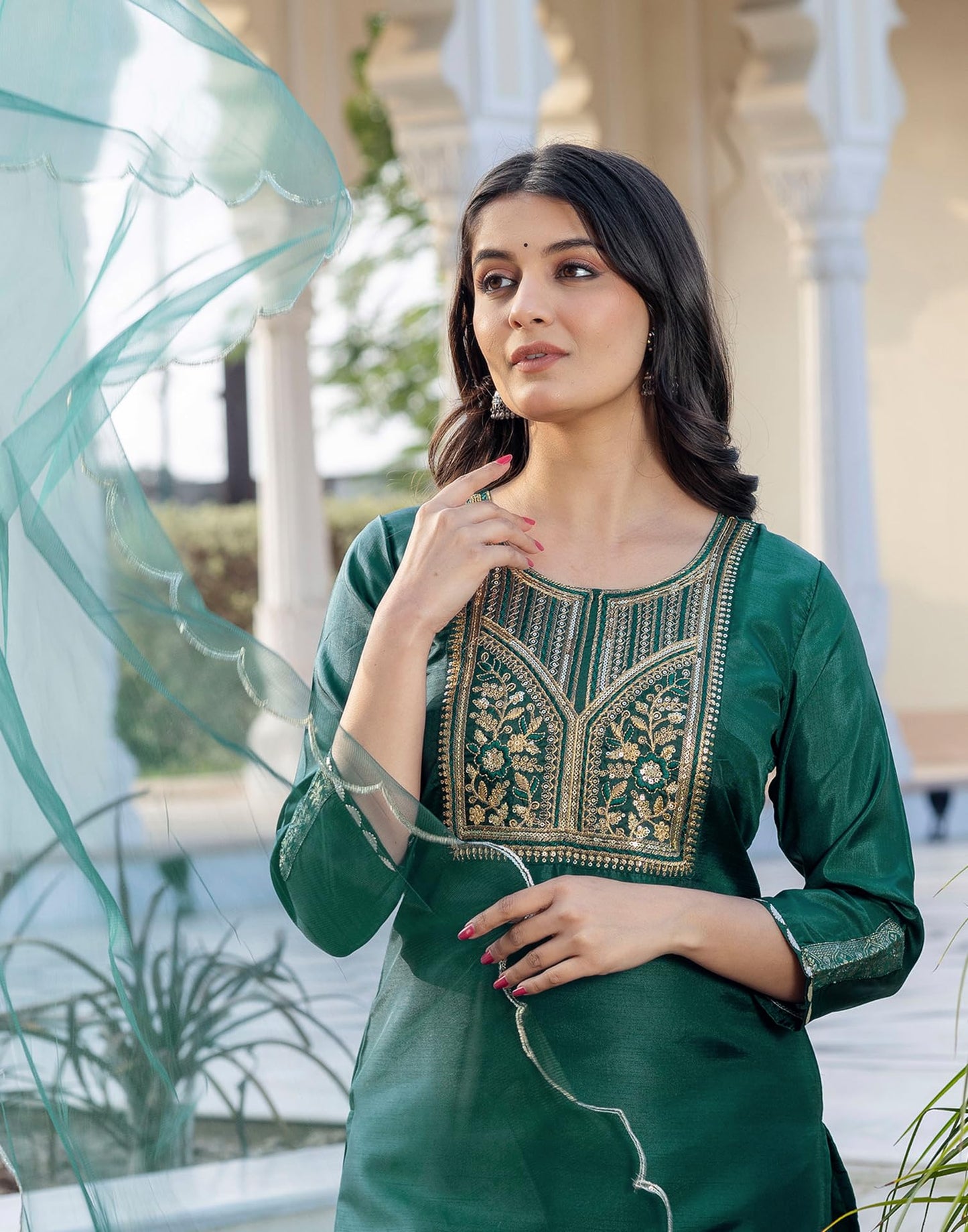 SIRIL Women's Rayon Kurta Set | Sequence Embroidery Straight Kurta with Pant & Dupatta| Kurta Sets for Woman (245KBD2584-S_Dark Green)