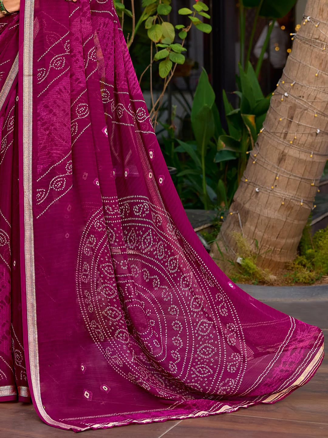 AKHILAM Women's Wine Chiffon Bandhani Print Zari Work Saree With Unstitched Blouse Piece | saree for woman | Designer Saree for Women | Soft and Skin Friendly (BNARSIYA1293_SR)