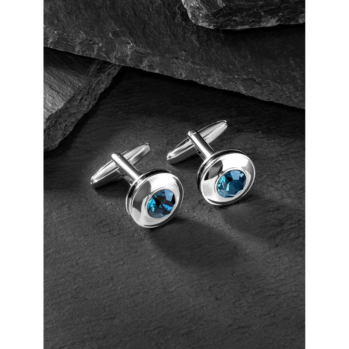 Peora Silver Plated Circular Blue Crystal Cufflinks for Men Boys Wedding Corporate Business Gift