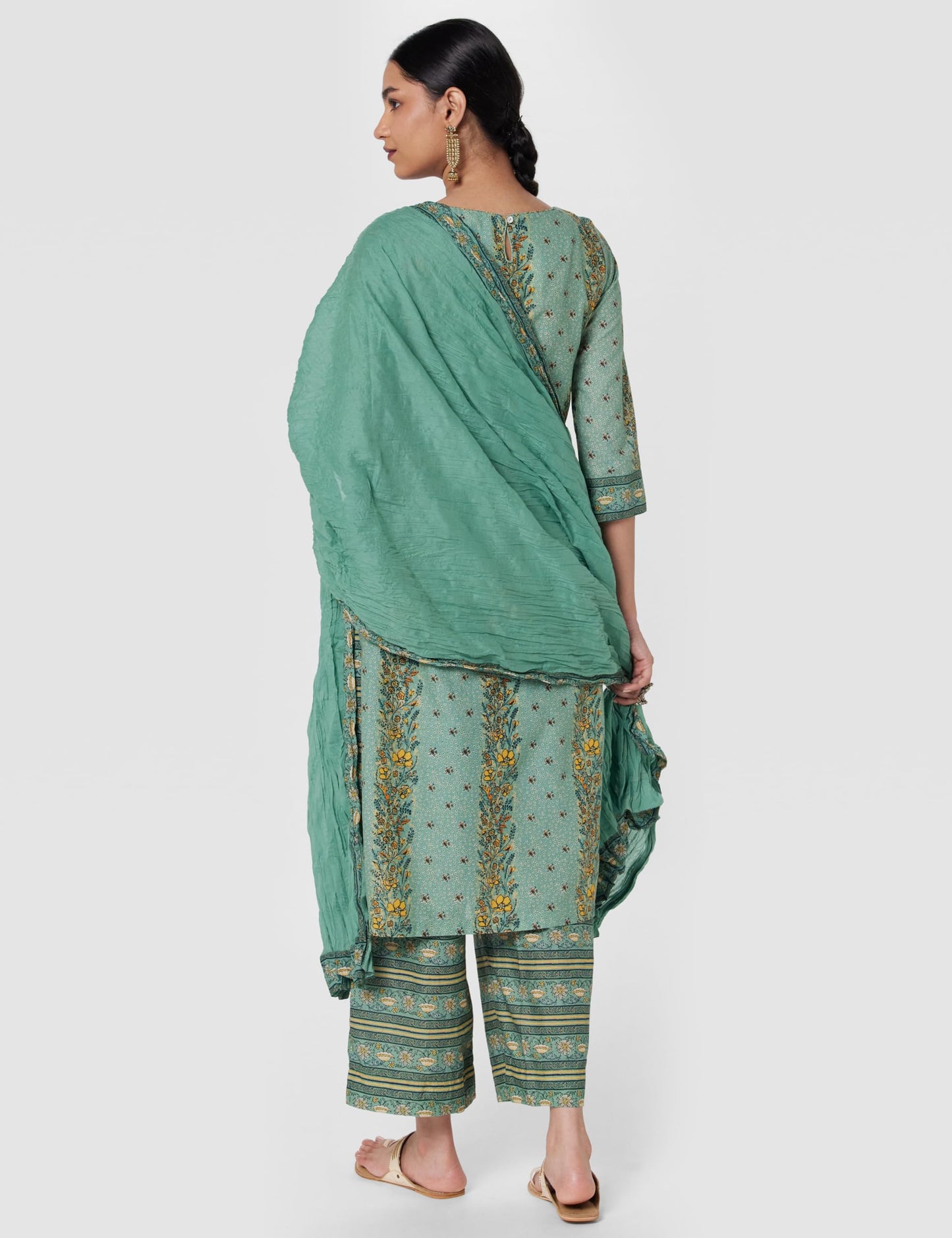 BIBA Women's Sage Green Printed Cotton Straight Suit Set_38