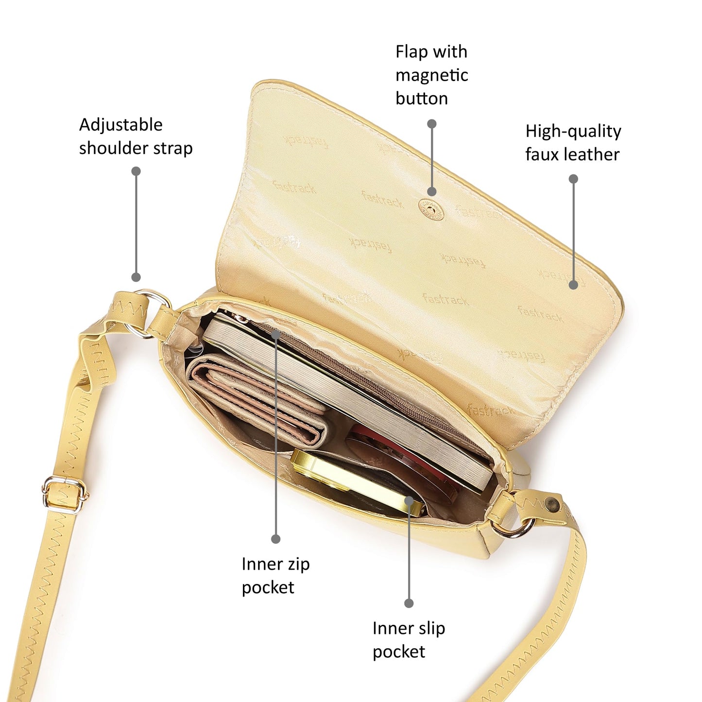 Fastrack Solid Structured Sling Bag for Women, Girls and Ladies | with Non-Detachable Sling Strap & Button Closure | Ladies Purse Handbag | Slings for Casual Carry