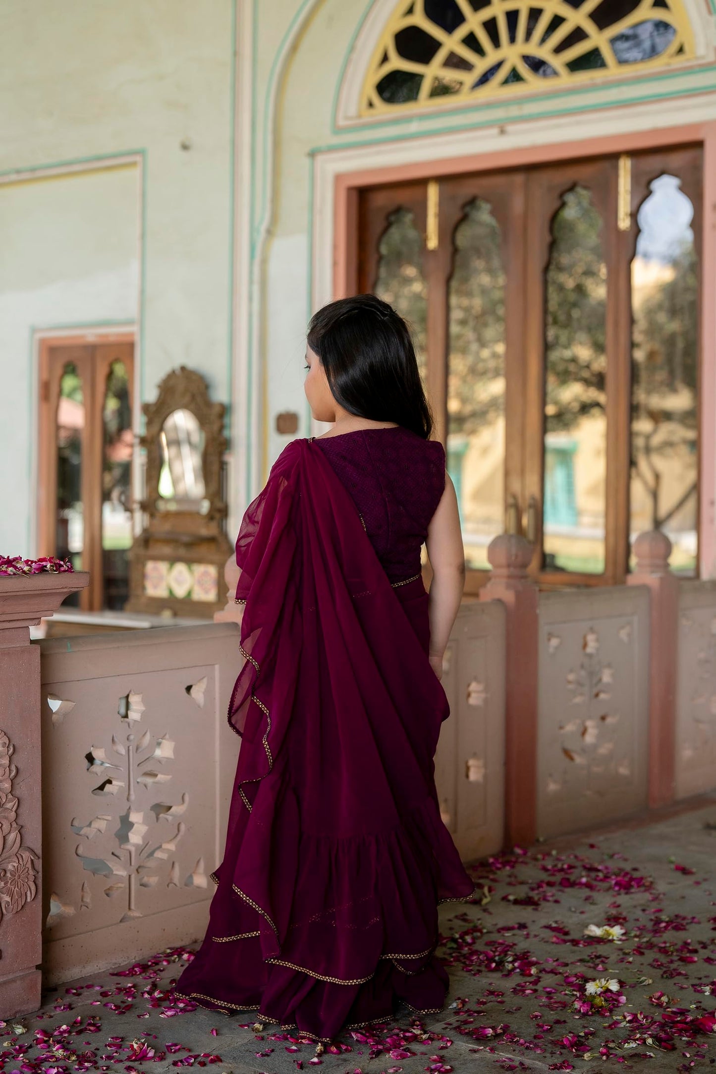 Jaipurite Kids Festive Designer Ruffle Saree Lehenga with Choli | Stylish Indian Wear for Girls (Wine, 9-10 Y)