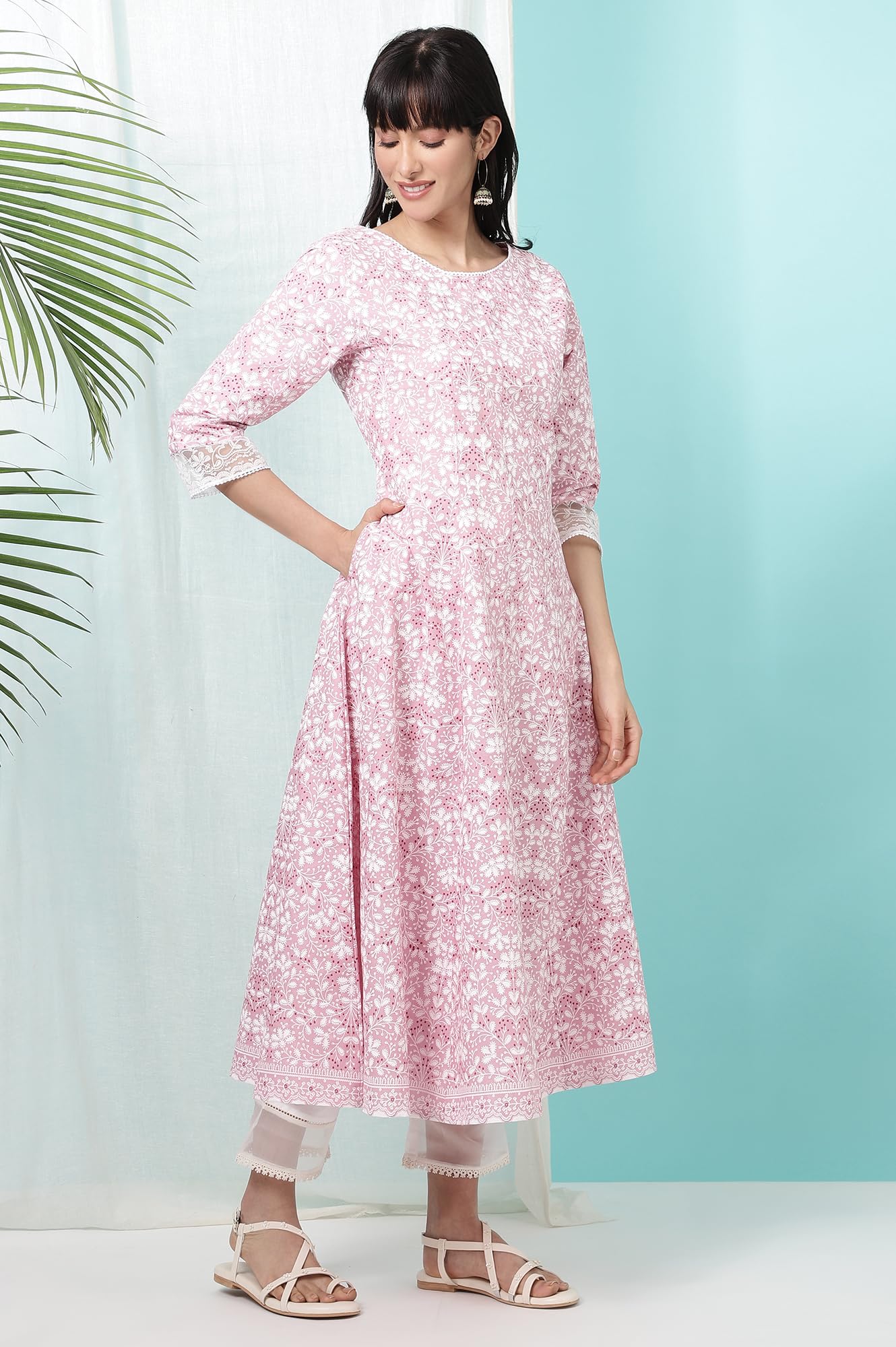 W for Woman Women Pure Cotton Regular Fit Pink Floral Printed Anarkali Kurta (Size: M)-W10817-126110