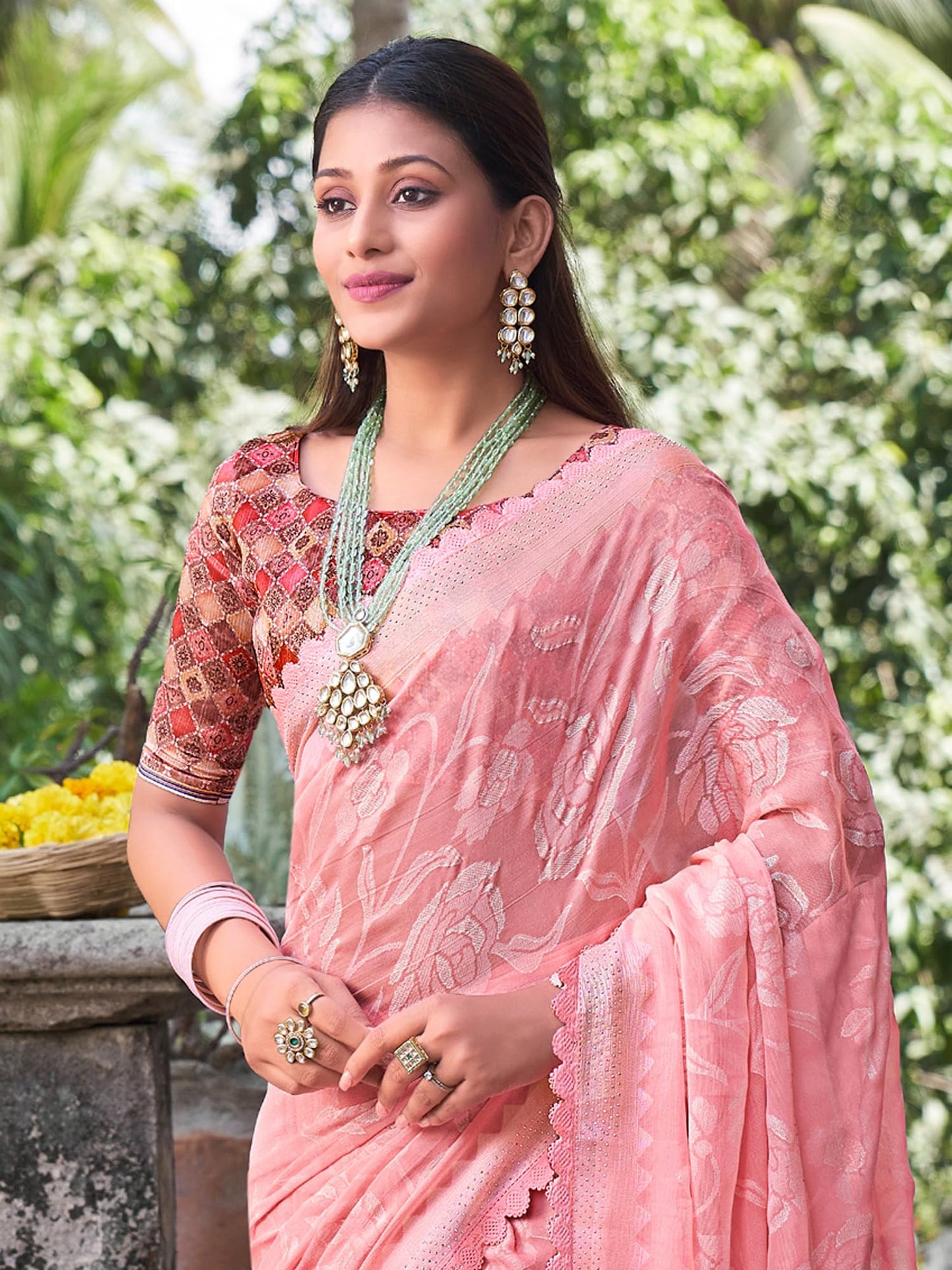 SAREE MALL Women's Chiffon Floral Embellished Saree With Unstitched Blouse Piece(Pink_KINJAL4263_SM)