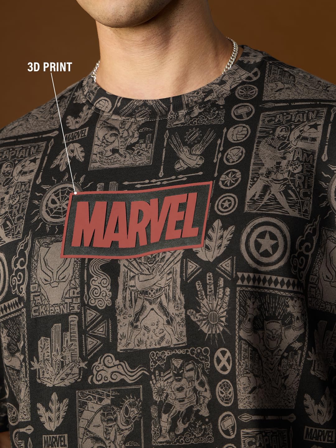 The Souled Store Marvel: Captain America Men and Boys Short Sleeves Round Neck Black Graphic Printed Cotton Oversized T-Shirts