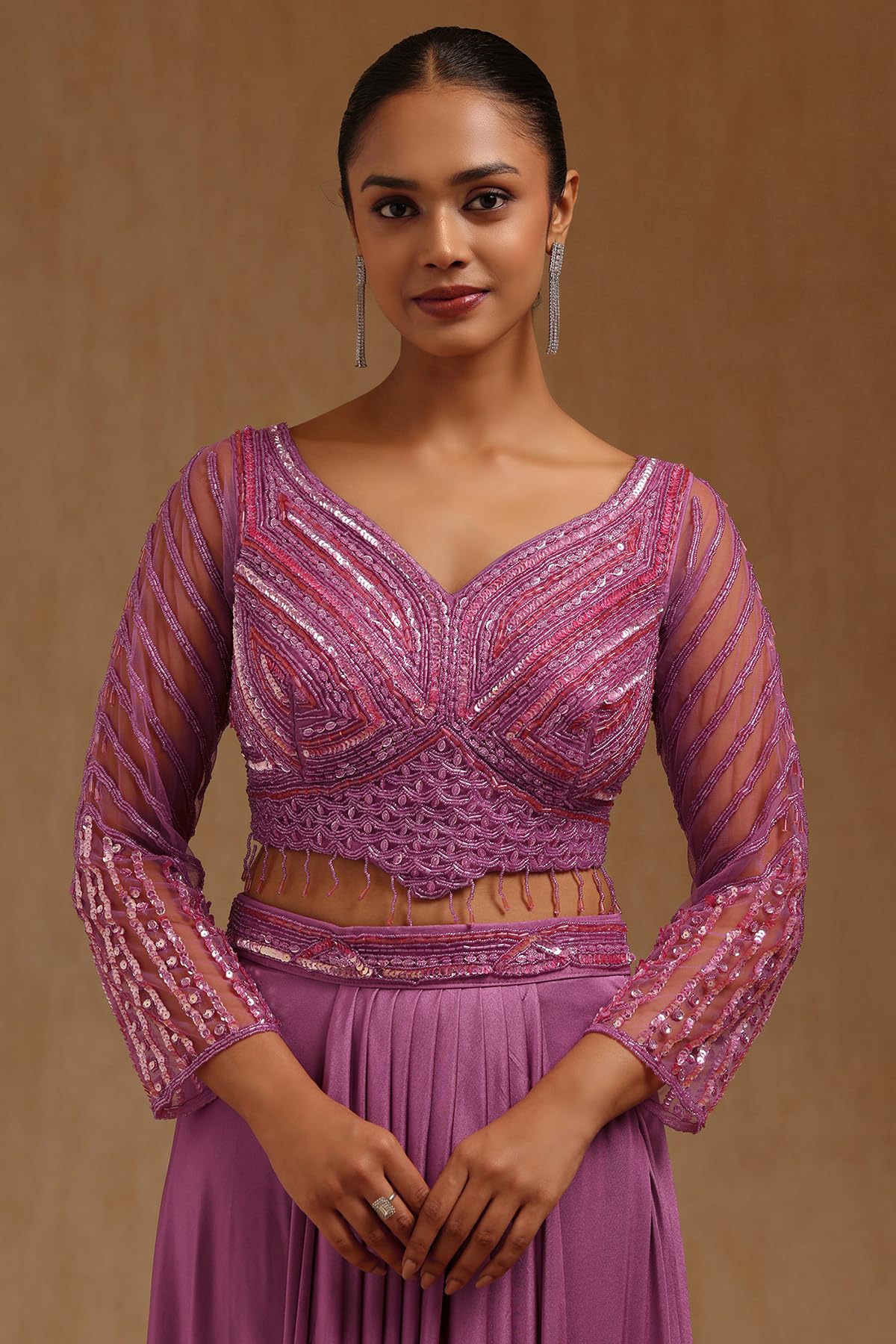 Soch Womens Onion Pink Spandex Solid Ready To Wear Saree