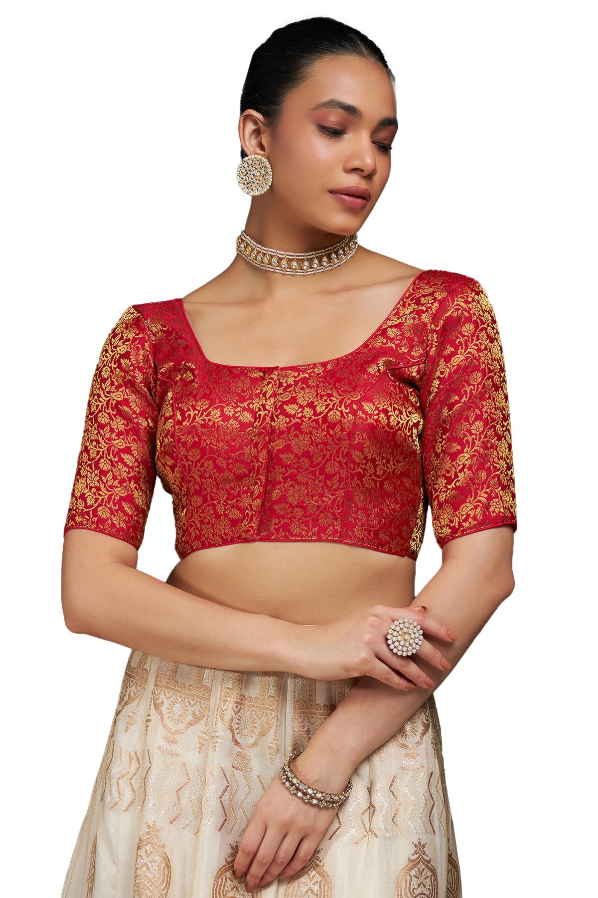 Soch Womens Red Art Silk Half Sleeve Blouse with Woven Floral Designs 38