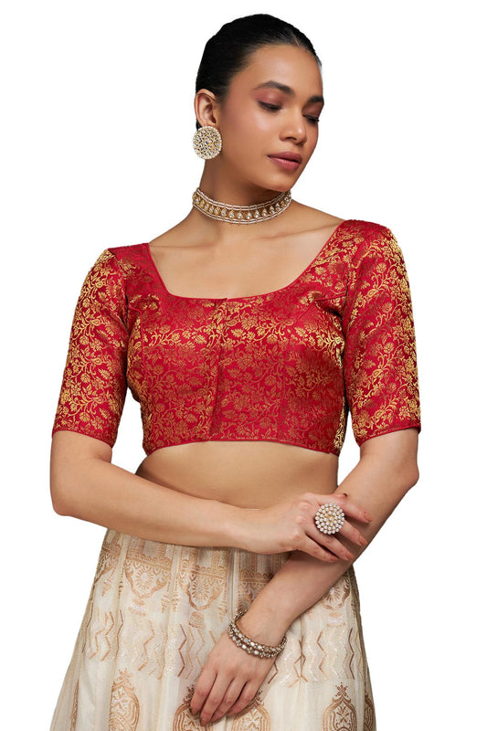 Soch Womens Red Art Silk Half Sleeve Blouse with Woven Floral Designs 38