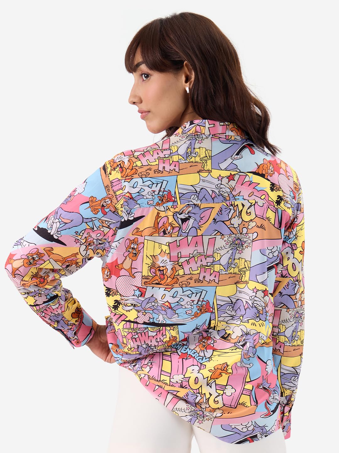 The Souled Store Official Tom & Jerry: High Energy Women and Girls Long Sleeve Button Front Collared Neck All Over Print Regular Fit Shirts Multicolour Old Retro Cartoon 90s Animated Character
