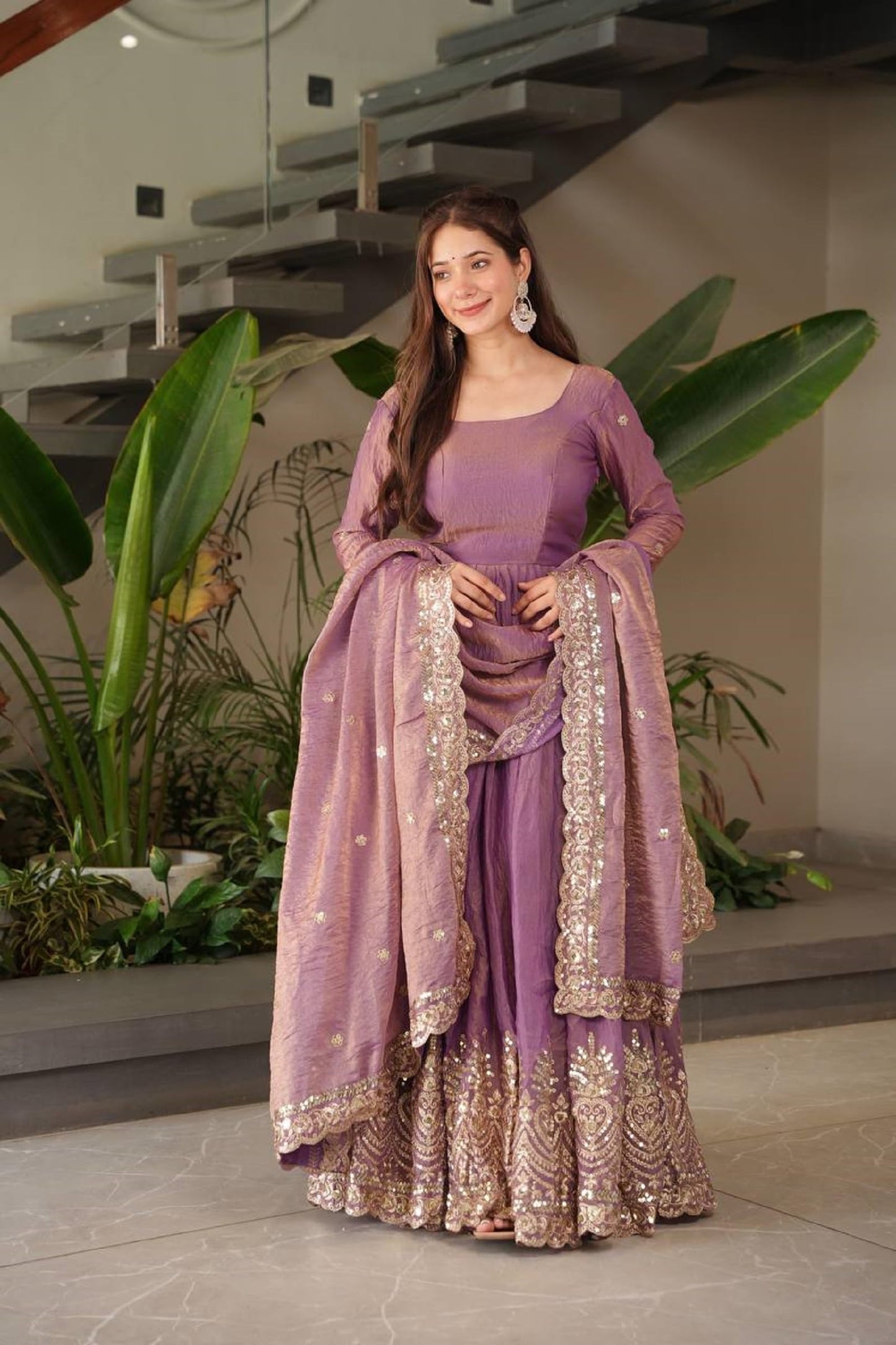 StyleSync Women Fandy Silk Anarkali kurta with Dupatta Embroidery Sequins Work Full Length Ethnic Wear for Festive Occasion (Mauve Purple, XXL)