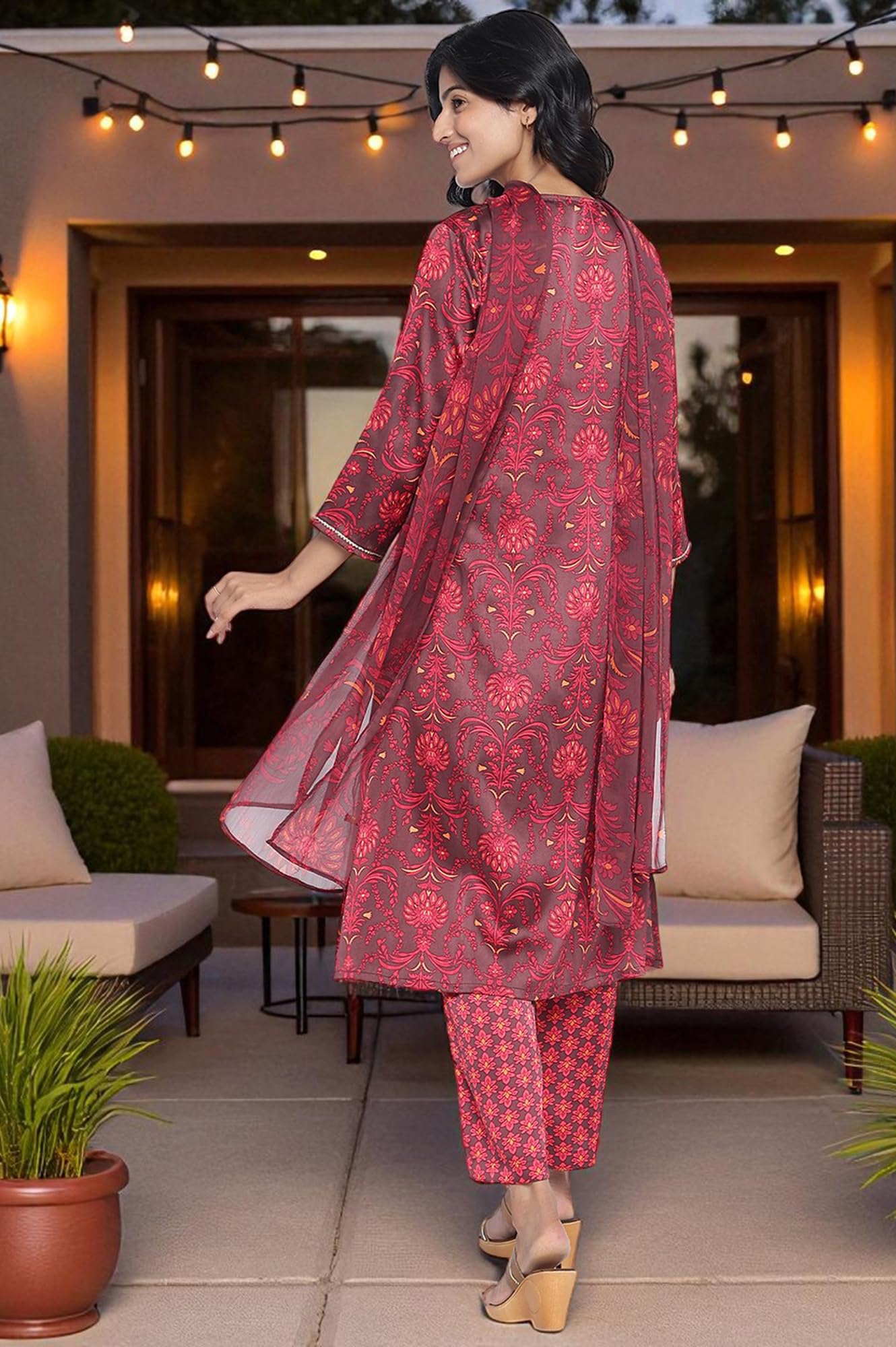 W for Woman Chocolate Brown Printed Japanese Satin A-Line Kurta, Straight Pant and Dupatta Set (Size: XL)-WS13201-126211