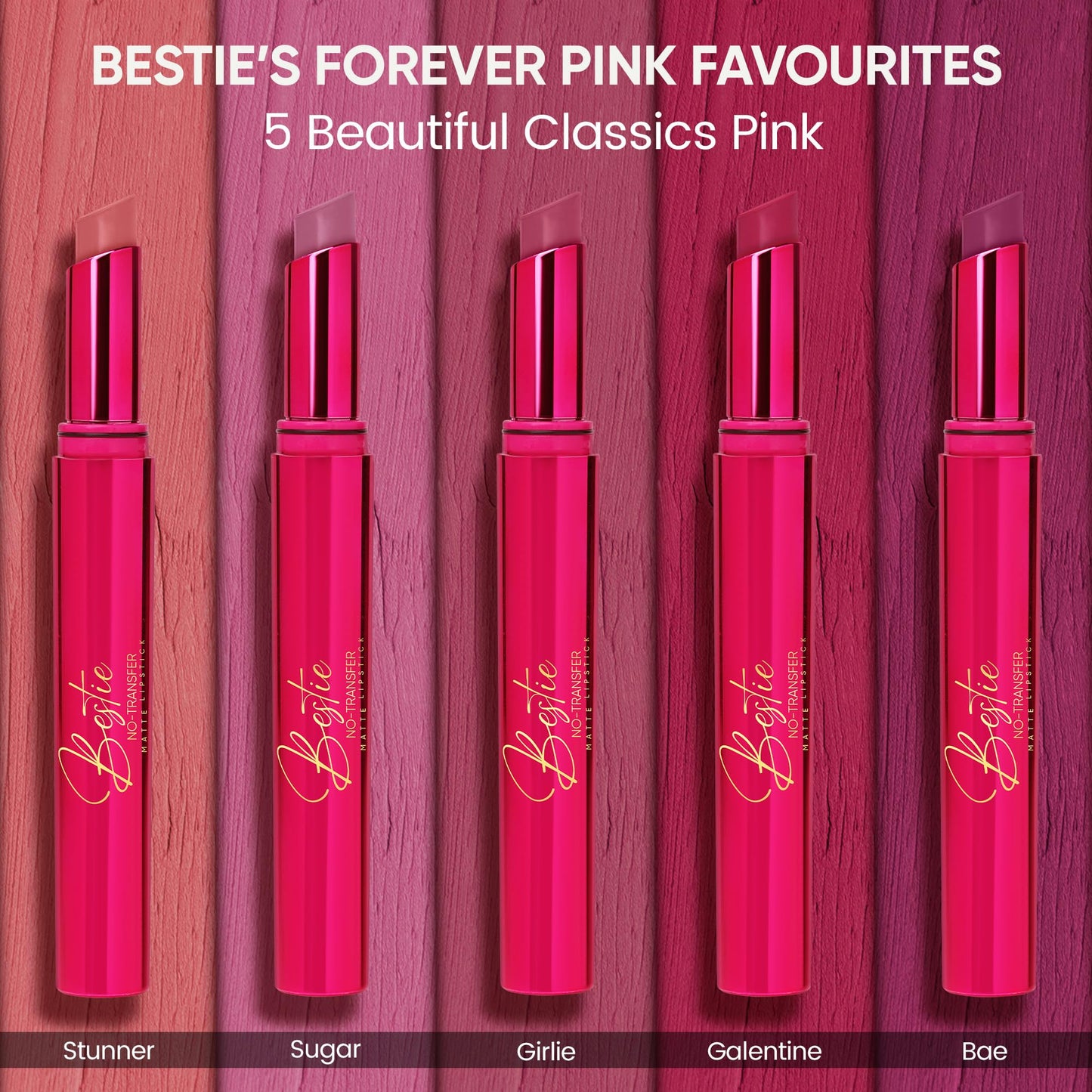 Parul Garg Beauty Bestie – No-Transfer Lipsticks | Bold Matte & Long-Lasting | Hydrating with Hyaluronic Acid, Vitamin E & SPF 15 | Vegan, Cruelty-Free (Forever Pink Favourites, Pack of 5)